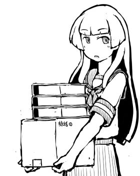 1girl blunt_bangs book box commentary_request greyscale kantai_collection long_hair looking_at_viewer monochrome pleated_skirt sailor_collar sailor_shirt school_uniform serafuku shirakumo_(kancolle) shirt skirt solo task_(s_task80) translation_request