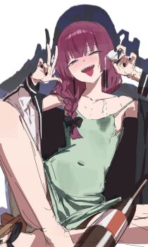 Rule 34 | 1girl, absurdres, bare legs, bare shoulders, black nails, blush, bocchi the rock!, bottle, braid, choko (cup), cup, dress, geta, green dress, hair over shoulder, half-closed eyes, head tilt, highres, hiroi kikuri, holding, holding cup, knee up, long hair, looking at viewer, open mouth, pink hair, pouring, pouring onto self, purple eyes, sake bottle, sharp teeth, single braid, sitting, sketch, sleeveless, sleeveless dress, smile, solo, soya (torga), teeth, tongue, tongue out, upper teeth only, w