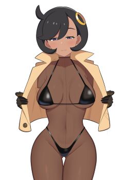 1girl :3 absurdres bikini black_bikini black_gloves black_hair blush bodystocking breasts closed_mouth covered_navel cowboy_shot emma_(pokemon) gloves gluteal_fold hair_ornament half-closed_eyes highleg highleg_bikini highres jacket large_breasts looking_at_viewer navel nintendo open_clothes open_jacket pokemon pokemon_legends:_z-a purple_eyes short_hair side_ahoge simple_background smile solo standing swept_bangs swimsuit thigh_gap white_background yellow_jacket yuuta_(yuuta0361)