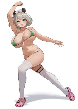 1girl absurdres animal_ears anime_girl_throwing_things_(meme) arm_above_head arm_up armpits bikini blush bouncing_breasts breasts brown_hair collarbone commission controller crocs dynamic_pose full_body game_controller green_bikini green_eyes hat highres indie_virtual_youtuber kaiend large_breasts looking_at_viewer meme micro_bikini navel nimi_nightmare nurse_cap open_mouth second-party_source shiny_skin short_hair simple_background skindentation smile solo swimsuit tapir_ears tapir_girl thighhighs virtual_youtuber white_background white_thighhighs wii_remote