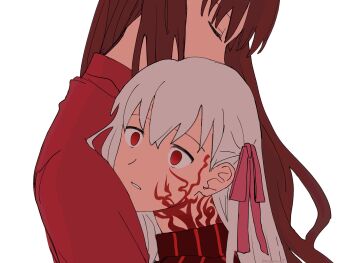 2girls brown_hair closed_eyes commentary_request dark_sakura empty_eyes facial_mark fate/stay_night fate_(series) hair_ribbon heaven&#039;s_feel highres hug matou_sakura modoru_5 multiple_girls red_eyes ribbon siblings sisters tohsaka_rin turtleneck white_hair