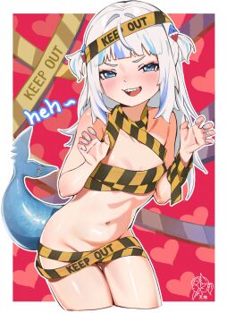 1girl absurdres blue_eyes blue_hair blue_nails blush border breasts caution_tape claw_pose commentary cowboy_shot cropped_legs fins fish_tail gawr_gura hair_ornament heart heart_background highres hololive hololive_english looking_at_viewer medium_hair multicolored_hair nail_polish navel open_mouth outside_border shark_girl shark_hair_ornament shark_tail small_breasts smile solo standing streaked_hair symbol-only_commentary tail teeth tenchi_mayo two_side_up upper_teeth_only virtual_youtuber white_border white_hair