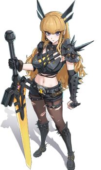 1girl armor blonde_hair blue_eyes breasts cleavage clothing_cutout crop_top gloves holding holding_sword holding_weapon long_hair looking_at_viewer magik_(x-men) marvel marvel_rivals midriff navel short_shorts shorts skrillex_li solo spikes sword weapon x-men