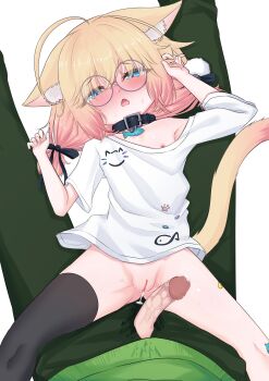 1boy 1girl absurdres aftersex ahoge anal animal_ear_fluff animal_ears asymmetrical_legwear bandaid bandaid_on_leg bell black_collar blonde_hair blue_eyes blush bottomless cat_ears cat_girl cat_tail collar cum cumdrip ejaculation fang female_ejaculation glasses gradient_hair hair_bell hair_ornament hetero highres indie_virtual_youtuber loli looking_at_viewer low_twintails lying minikomew mismatched_legwear multicolored_hair nipple_slip nipples open_mouth oversized_clothes oversized_shirt penis pink_hair pom_pom_(clothes) pom_pom_hair_ornament pov pussy ritspi shirt simple_background single_thighhigh straddling t-shirt tail thighhighs twintails uncensored vedal987 virtual_youtuber white_background white_shirt