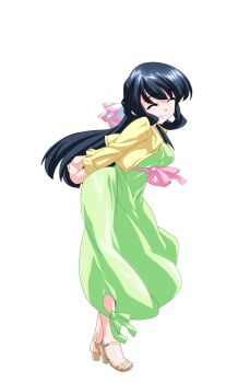 1girl ^_^ anime_coloring arms_behind_back black_hair breasts closed_eyes closed_mouth cropped_jacket dress from_side full_body game_asset green_dress hair_ribbon half_updo highres hiiragi_mako jacket large_variant_set layered_clothes leaning_forward long_dress long_hair long_sleeves mahotama maki_daikichi medium_breasts official_art pink_sash ribbon sandals sash simple_background smile solo standing tachi-e tareme third-party_source transparent_background variant_set visual_novel_cg yellow_jacket