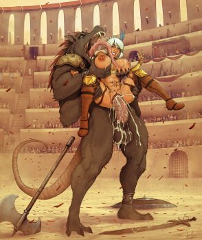 1boy 1girl arena axe boots breasts brown_footwear brown_fur clenched_teeth crowd cum cum_in_pussy cum_overflow day devilhs extra_arms full_body furry furry_male furry_with_non-furry grabbing_another&#039;s_breast grimace groping highres interspecies large_breasts large_penis leg_grab licking licking_another&#039;s_face lips long_tongue mouse_tail nipples original outdoors penis planted planted_axe pubic_tattoo rape reverse_suspended_congress sex sex_from_behind sharp_teeth short_hair signature size_difference spread_legs standing standing_sex sword tail tattoo teeth testicles thigh_boots tongue vaginal weapon white_hair