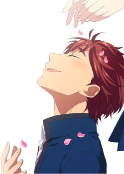 1other ^_^ blazer blue_jacket blush chuo_tanegashima_high_school_uniform closed_eyes commentary_request fingernails from_side ikuhashi_muiko jacket long_sleeves male_focus petals portrait profile red_hair robotics;notes school_uniform science_adventure short_hair simple_background smile upper_body white_background winter_uniform yashio_kaito