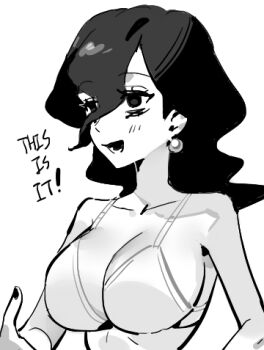 1girl bags_under_eyes black_hair black_nails blush bra breasts cleavage collarbone earrings english_text fingernails greyscale hair_between_eyes hex_maniac_(pokemon) hex_maniac_(pokemon_legends:_z-a) jewelry large_breasts long_hair lowres monochrome nintendo open_mouth pearl_earrings pokemon pokemon_legends:_z-a raine_(acke2445) sideboob simple_background sketch smile solo underwear wavy_hair white_background