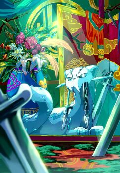 animal_focus blue_eyes blurry blurry_foreground bright_pupils chien-pao commentary_request highres ice indoors kaguya_hobby nintendo no_humans plant planted planted_sword planted_weapon pokemon pokemon_(creature) sitting snow_leopard sword tail vase weapon white_pupils