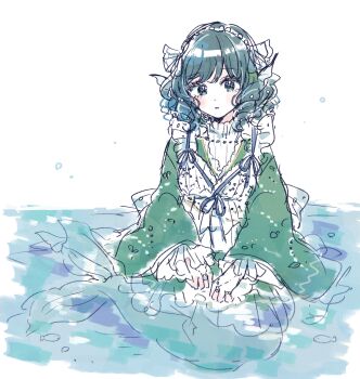 1girl blue_eyes blue_hair blush commentary_request drill_hair drill_sidelocks embellished_costume fins green_kimono head_fins highres japanese_clothes jewelry kimono long_sleeves looking_at_viewer medium_hair mermaid monster_girl mozukuzu_(manukedori) partially_submerged ring sidelocks solo touhou wakasagihime water water_drop wide_sleeves