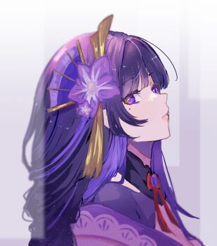 Rule 34 | 1girl, absurdres, braid, flower, from side, genshin impact, gradient background, grey background, hair flower, hair ornament, hair over shoulder, head back, highres, japanese clothes, kimono, light particles, long hair, looking at viewer, mole, mole under eye, pink lips, profile, purple eyes, purple flower, purple hair, purple kimono, raiden shogun, raised eyebrows, rayla (rayla illust), shrug (clothing), sidelocks, simple background, single braid, single off shoulder, tassel, tassel hair ornament, upper body