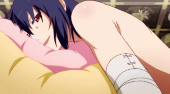 10s animated animated_gif bandages kanbaru_suruga monogatari_(series) nisemonogatari nude hugging_object pillow pillow_hug purple_hair red_eyes shiny_skin short_hair smile solo tomboy