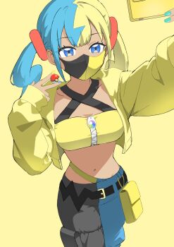 1girl absurdres aqua_hair bandeau between_fingers blonde_hair blue_eyes breasts canari_(pokemon) cellphone commentary_request crop_top cropped_jacket dark-skinned_female dark_skin highres holding holding_phone holding_poke_ball jacket mask matsuokalive10 medium_breasts midriff mouth_mask multicolored_hair nail_polish navel nintendo pants phone poke_ball poke_ball_(basic) pokemon pokemon_legends:_z-a pouch selfie simple_background smartphone solo split-color_hair stomach twintails two-tone_hair v yellow_background yellow_bandeau yellow_jacket