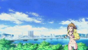 10s 1girl animated animated_gif ass bike_shorts breasts brown_hair female_focus gundam gundam_build_fighters gundam_build_fighters_try hoshino_fumina jacket long_hair lowres midriff navel ponytail solo sports_bra