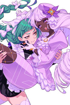 2girls 7dango7 absurdres black_dress blush braid breasts carrying check_commentary clenched_teeth commentary_request dark-skinned_female dark_skin dress fishnet_pantyhose fishnets gloves green_hair hat hat_ornament highres jacinthe_(pokemon) jacket lebanne_(pokemon) long_hair long_sleeves maid maid_headdress medium_breasts multiple_girls nintendo open_mouth pantyhose pencil_skirt pokemon pokemon_legends:_z-a princess_carry purple_eyes purple_hair purple_hat purple_jacket purple_skirt skirt smile swept_bangs teeth thighs white_gloves yellow_eyes