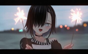 1girl absurdres black_choker black_hair black_shirt blurry blurry_background blush chisato_(hentai_prison) choker commentary english_commentary fang fireworks grey_eyes hair_ornament hair_over_one_eye hairclip hentai_prison highres holding holding_fireworks letterboxed looking_at_viewer mokomoko_system one_eye_covered open_mouth shirt short_hair skin_fang solo sparkler