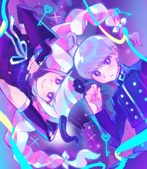 1boy 1girl ahoge black_dress black_horns blue_jacket braid closed_mouth detached_sleeves dress floating_hair hand_up highres horns iro_(mywife_sunny) jacket key long_hair long_sleeves looking_at_viewer lying master_detective_archives:_rain_code multicolored_hair on_back pink_hair purple_background purple_eyes purple_hair rotational_symmetry shinigami_(rain_code) short_hair smile sparkle twin_braids upper_body upside-down yuma_kokohead