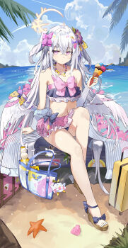 1girl absurdres ahoge angel_wings azusa_(blue_archive) azusa_(swimsuit)_(blue_archive) bare_shoulders bikini bikini_skirt blue_archive blue_bow blue_sky bow bow_bikini bow_on_wing breasts closed_mouth cloud collarbone crossed_bangs day detached_sleeves dot_mouth feathered_wings flower food food-themed_hair_ornament food-themed_necklace food_print frilled_bikini frilled_sleeves frills from_above fruit_print full_body hair_between_eyes hair_bow hair_flower hair_ornament hairclip halo hands_on_own_thighs highres holding holding_food holding_ice_cream holding_ice_cream_cone horizon ice_cream ice_cream_cone jewelry jsscj lime_hair_ornament looking_at_viewer looking_up low_wings multicolored_bikini multiple_scoops navel necklace official_alternate_costume orange-shaped_necklace orange_hair_ornament orange_print pink_bikini pink_bow pink_ribbon polka_dot polka_dot_bow purple_bikini purple_bow purple_eyes purple_flower ribbon seashell shell sky small_breasts solo starfish stomach striped_bikini striped_clothes swimsuit two-tone_bikini two_side_up vertical-striped_bikini vertical-striped_clothes watermelon_hair_ornament white_wings wings yellow_bow