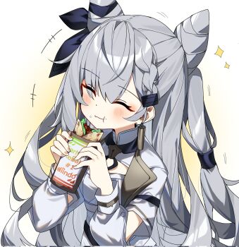 Rule 34 | 1girl, blush, cahangonn, closed eyes, cone hair bun, doner kebab, doner sandwich, double bun, earrings, eating, food, grey hair, hair bun, hair ribbon, highres, hololive, hololive indonesia, jewelry, long hair, long sleeves, ribbon, shish kebab, single earring, solo, sparkle, two side up, upper body, vestia zeta, virtual youtuber, white background