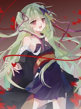 1girl :d absurdres bare_shoulders black_kimono blunt_bangs blush breasts bug butterfly butterfly_hair_ornament collarbone commentary commission cowboy_shot criss-cross_halter eyelashes eyes_visible_through_hair floating_hair green_hair hair_intakes hair_ornament hair_ribbon halterneck happy highres hutaodehetao insect japanese_clothes kimono long_hair long_ribbon long_sleeves motion_blur murasame_(senren) open_mouth outstretched_hand pixiv_commission pom_pom_(clothes) purple_ribbon red_butterfly red_eyes red_ribbon red_sash ribbon sash senren_banka sidelocks small_breasts smile solo symbol-only_commentary two_side_up very_long_hair wide_sleeves wind