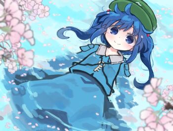 Rule 34 | 1girl, blue eyes, blue hair, blue shirt, blue skirt, blue sky, blush, cherry blossoms, closed mouth, cloud, collared shirt, commentary request, contrast collar, cowboy shot, day, flat cap, frilled shirt collar, frills, green hat, hat, highres, kawashiro nitori, kibisake, long hair, long sleeves, looking at viewer, outdoors, shirt, skirt, skirt set, sky, smile, solo, touhou, twintails