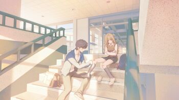 1boy 1girl absurdres backpack bag bandaid bandaid_on_knee bandaid_on_leg black_hair black_skirt black_socks blonde_hair blue_sweater blunt_bangs blush cardigan ceiling ceiling_light closed_mouth collared_shirt commentary crossed_arms dini_illust full_body glass highres indoors long_hair looking_at_another open_mouth original pants pleated_skirt railing school school_uniform scraped_knee shirt shoes short_hair single_shoe sitting sitting_on_stairs skirt slice_of_life slip-on_shoes socks soles stairs sweater sweater_vest symbol-only_commentary white_shirt wide_shot