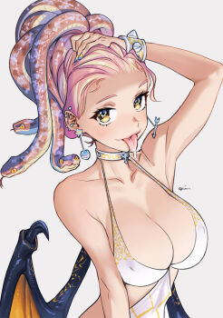 1girl :p arm_up armpits barbell_piercing bikini blue_nails breasts cleavage collarbone commentary covered_erect_nipples demon_wings ear_piercing earrings etama_quomo forehead hair_slicked_back industrial_piercing jewelry large_breasts looking_at_viewer multicolored_nails original piercing pink_hair snake_hair solo swimsuit symbol-only_commentary symbol-shaped_pupils tongue tongue_out wings yellow_nails