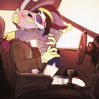 1boy 1girl animal_ears blue_shorts blush brown_hat brown_hoodie car_interior closed_eyes colored_skin colored_teeth commentary english_commentary feet_out_of_frame from_side full_body gradient_background hand_on_another's_back hand_on_another's_head hand_on_another's_waist hat height_difference highres hood hood_down hoodie imminent_kiss jax_(the_amazing_digital_circus) jester_cap kneeling looking_at_another midriff_peek mindwxve open_clothes open_hoodie pomni_(the_amazing_digital_circus) purple_hat purple_hood purple_hoodie purple_skin purple_sweater rabbit_boy rabbit_ears shorts sitting smile socks steering_wheel sweater teeth the_amazing_digital_circus two-tone_hat white_skin white_socks yellow_background yellow_eyes yellow_teeth