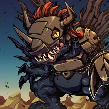 Rule 34 | black wings, blue skin, colored skin, commentary, cyborg, derivative work, digimon, digimon (creature), digimon world, dinosaur, english commentary, helmet, highres, horns, long hair, mechanical arms, metalgreymon (virus), no humans, red hair, ridgeone, sharp teeth, single mechanical arm, slit pupils, solo, spiked hair, teeth, torn wings, video game cover redraw, wings, yellow eyes