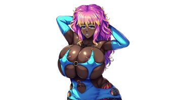 1girl arms_behind_head blue_gloves dark-skinned_female dark_skin elbow_gloves game_cg ganguro gloves gyaru inouenanaki leg_tattoo long_hair looking_at_viewer migawari_kanojo_~watashi_shin'yuu_o_mamoru_tame_ni_bitch_na_gyaru_ni_narimasu!~ non-web_source official_art purple_hair simple_background solo tashiro_kumi tattoo transparent_background very_dark_skin
