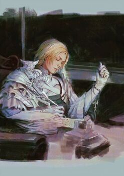 1boy armor blonde_hair closed_eyes closed_mouth dion_lesage earrings final_fantasy final_fantasy_xvi highres holding holding_quill inkwell jewelry maegraeth male_focus paper_stack parted_bangs quill shirt short_hair shoulder_armor sitting solo upper_body white_shirt writing