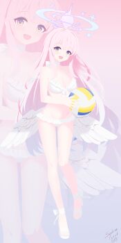 1girl :d absurdres angel_wings ball beach_volleyball beachball bikini blue_archive blush breasts choker cleavage commentary_request dated feathered_wings frilled_bikini frills full_body gradient_background gradient_halo halo highres holding holding_ball holding_beachball large_breasts long_hair looking_at_viewer low_wings mika_(blue_archive) mika_(swimsuit)_(blue_archive) multicolored_halo navel official_alternate_costume official_alternate_hairstyle open_mouth pink_background pink_hair pink_halo shoes sideboob signature simple_background smile solo sophine-twilight swimsuit volleyball_(object) white_bikini white_choker white_shoes white_wings wing_ornament wings yellow_eyes zoom_layer