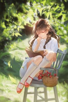 1girl absurdres alternate_costume blue_eyes blurry blurry_background book book_on_lap brown_hair chair changi_16 dress falling_leaves flower flower_basket frilled_socks frills full_body half-closed_eyes hand_up highres kneehighs knees_to_chest leaf long_hair marcus_(reverse:1999) mary_janes mole mole_under_eye on_chair open_book outdoors photo-referenced red_flower red_shoes reverse:1999 shoes short_dress short_sleeves sitting smile socks solo tree white_dress white_socks
