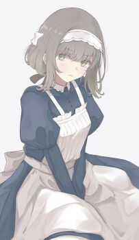 Rule 34 | 1girl, absurdres, apron, between legs, black ribbon, blue dress, blush, commentary, dress, frilled hairband, frills, gakuen idolmaster, green eyes, grey background, grey hair, hair ribbon, hairband, hand between legs, highres, hiwatari kanae, idolmaster, juliet sleeves, long sleeves, looking at viewer, maid, puffy sleeves, ribbon, sangria, shaded face, short hair, simple background, sitting, solo, v arms, white apron, white hairband