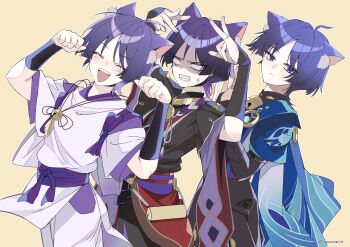 3boys absurdres ahoge anemo_symbol_(genshin_impact) animal_ear_fluff animal_ears aqua_gem armor bell black_bodysuit black_bridal_gauntlets black_shorts black_sleeves blank_eyes blue_cape blue_sleeves blunt_ends bodysuit bow bridal_gauntlets cape cat_boy cat_ears choppy_bangs clenched_teeth closed_eyes closed_mouth clothing_cutout colored_eyelashes commentary_request eyelashes eyeliner facing_viewer feathers fingernails furisode gem genshin_impact gold hands_up highres hip_vent iwoarazumi129 japanese_armor japanese_clothes jewelry jingle_bell kariginu kimono kote kurokote layered_sleeves leaning_back looking_at_viewer makeup mandarin_collar multiple_boys multiple_persona neck_ring o-ring open_mouth pale_skin pants paw_pose pelvic_curtain purple_bow purple_eyes purple_kimono purple_rope purple_sash purple_sleeves red_eyeliner red_sash rope sash scaramouche_(genshin_impact) scaramouche_(kabukimono)_(genshin_impact) shaded_face shimenawa short_sleeves shorts string tasuki teeth tsurime twitter_username upper_teeth_only vision_(genshin_impact) w wanderer_(genshin_impact) white_pants white_rope white_sleeves white_trim yellow_background yellow_feathers