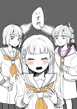 Rule 34 | 3girls, ^ ^, anyoji hime, black ribbon, blue eyes, blunt bangs, blunt ends, blush, bob cut, closed eyes, commentary request, curtained hair, dress, flying sweatdrops, green eyes, grey background, hair ribbon, hasu no shousankaku, hasu no sora school uniform, highres, hood, hood down, hooded jacket, jacket, kachimachi kosuzu, link! like! love live!, long hair, long sleeves, looking at another, love live!, medium dress, momose ginko, multi-tied hair, multiple girls, namazakana kuenai, neckerchief, open clothes, open jacket, open mouth, pantyhose, parted bangs, parted lips, partially colored, pleated dress, ponytail, ribbon, sailor collar, sailor dress, school uniform, short hair, side part, simple background, speech bubble, standing, sweatdrop, v-shaped eyebrows, virtual youtuber, winter uniform, yellow neckerchief