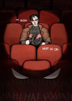 bat_signal batman_(series) batman_symbol black_bodysuit black_gloves black_hair blue_eyes bodysuit dc_comics gloves grey_bodysuit highres jacket jason_todd male_focus mask multicolored_bodysuit multicolored_hair muscular muscular_male open_clothes red_hood_(dc) red_hood_and_the_outlaws red_mask short_hair superhero_costume taut_bodysuit two-tone_bodysuit white_hair xiyattica