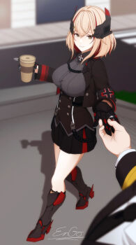 1boy 1girl absurdres armband azur_lane black_boots black_dress black_jacket black_necktie black_skirt blonde_hair blurry blurry_background blurry_foreground boots breasts buttons collared_dress commander_(azur_lane) commentary commission cropped_jacket cross crosswalk cup day disposable_coffee_cup disposable_cup double-breasted dress en_go_(kuro_nigiri) english_commentary epaulettes fingernails framed_breasts grass hair_between_eyes headgear highres holding holding_cup holding_hands horns iron_cross jacket jewelry large_breasts long_sleeves looking_at_viewer mechanical_hands mechanical_horns military_uniform multicolored_hair naval_uniform necktie open_clothes open_mouth outdoors parted_lips pleated_skirt pov pov_hands red_eyes red_hair red_streaks ring road roon_(azur_lane) rudder_footwear shadow shirt short_hair sidewalk sitting skirt smile sparkle standing streaked_hair street two-tone_hair walking wedding_ring white_shirt