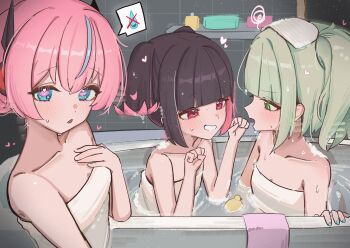 3girls absurdres angels_of_delusion aqua_hair aqua_nails aria_(zenless_zone_zero) bare_shoulders bathtub black_hair blue_eyes blush breasts cleavage clenched_hands collarbone colored_inner_hair commentary green_eyes green_hair grin hand_on_own_chest heart high_(hgih) highres indoors looking_at_another looking_at_viewer multicolored_hair multiple_girls naked_towel nangong_yu open_mouth pink_hair red_eyes rubber_duck shared_bathing short_twintails smile soap squiggle sunna_(zenless_zone_zero) towel towel_on_head twintails water wet wet_hair zenless_zone_zero