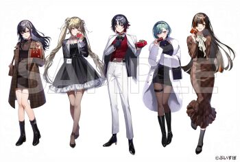 Rule 34 | 5girls, bag, black boots, black gloves, black shoes, black skirt, boots, brown pantyhose, choya hanabi, closed mouth, coat, commentary request, double bun, full body, gift, gloves, green hair, grey socks, hair bun, hanabusa lisa, high heels, highres, holding, holding bag, holding gift, ichinose uruha, jacket, jacket on shoulders, kisaragi ren (vspo!), kuga huna, long hair, long sleeves, looking at viewer, low-tied long hair, multicolored hair, multiple girls, official art, open clothes, open coat, open mouth, pants, pantyhose, parted lips, red hair, sample watermark, shoes, short hair, shoulder bag, simple background, skirt, smile, socks, standing, standing on one leg, streaked hair, sweater, thigh strap, turtleneck, turtleneck sweater, twintails, very long hair, virtual youtuber, vspo!, watermark, white background, white coat, white pants, winter clothes, yakumo beni