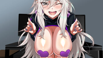 1girl black_eyes blush breasts breasts_out breasts_squeezed_together computer covered_erect_nipples embarrassed enadori_oneesan_to_ecchi_shiyo? female_focus grey_hair hayashi_cherry highres huge_breasts indoors jacket leaning_forward long_hair looking_at_viewer mole mole_under_mouth monitor nail_polish one_eye_closed open_mouth original pasties smile solo upper_body zipper