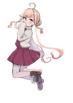 1girl ahoge aqua-framed_eyewear collared_shirt double_bun dress dress_shirt full_body glasses grey_pantyhose hair_bun halter_dress halterneck jumping kantai_collection long_hair long_sleeves makigumo_(kancolle) pantyhose pink_hair purple_dress shirt simple_background sleeves_past_fingers sleeves_past_wrists solo someno_haru twintails twitter_username white_background white_shirt yellow_eyes