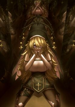 1girl absurdres ankle_boots black_boots black_veil blonde_hair blue_eyes boots breasts broken_glass brown_pantyhose chaos_zero_nightmare glass gloves hair_over_one_eye hands_up highres large_breasts long_hair mirror multiple_thigh_straps open_mouth orlea_(chaos_zero_nightmare) pantyhose reflection reflection_focus sideboob solo thigh_strap torn_clothes torn_pantyhose veil white_gloves xuwasoo