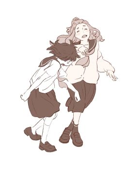 Rule 34 | 2girls, 55bata6rou, bangs pinned back, cardigan, closed eyes, crossed ankles, full body, hibike! euphonium, highres, hisaishi kanade, kenzaki ririka, kitauji high school uniform, laughing, loafers, long hair, long sleeves, monochrome, multiple girls, open mouth, pleated skirt, sailor collar, school uniform, serafuku, shoes, short hair, simple background, skirt, smile, socks, standing, white background