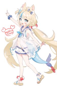 1girl :d absurdres ahoge animal_ear_fluff animal_ears ankle_ribbon bikini bikini_under_clothes blonde_hair blue_bikini blue_eyes blue_hair blue_ribbon blue_sailor_collar blunt_bangs blush dress feet fins fish_girl fish_tail hair_ribbon highres indie_virtual_youtuber leg_ribbon lifebuoy_anklet lifebuoy_hair_ornament long_hair looking_at_viewer low_twintails milkuriem multicolored_hair navel open_clothes open_dress open_mouth paper_boat pointing pointing_up ribbon sailor_collar sailor_dress sameko_saba sandals shorts simple_background smile solo streaked_hair striped_bikini striped_clothes striped_ribbon swimsuit tail toes twintails very_long_hair virtual_youtuber white_background white_dress white_shorts