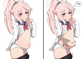 1girl 1other ? ?? ahoge belly belly_grab blue_archive breasts bright_pupils clothes_lift hair_bun halo highres jacket loli long_hair natsu_(blue_archive) nipples one_breast_out open_clothes open_mouth panties pink_hair pink_halo plump red_eyes shirt shirt_lift shorts single_side_bun skirt skirt_lift small_breasts solo_focus underwear white_pupils white_shirt zhychrome14 zhyseven