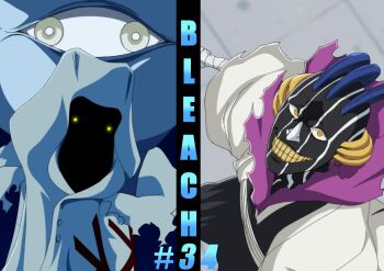 1boy 1other black_hakama black_kimono bleach bleach:_sennen_kessen-hen blue_hair cloak colored_teeth commentary_request copyright_name cowboy_shot episode_number from_above from_below glowing glowing_eye grin hakama haori highres hood hood_up japanese_clothes kimono kurotsuchi_mayuri long_sleeves looking_at_viewer makeup male_focus official_artist_extra pernida_parnkgjas quincy_(bleach) sha11021997 short_hair smile sternritter stitched_arm stitches taichou_haori white_cloak wide-eyed wide_sleeves yellow_eyes yellow_teeth