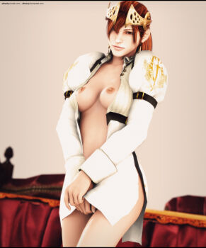 Rule 34 | 1girl, 3d, bottomless, breasts, covering crotch, covering privates, crown, devil may cry, devil may cry (series), devil may cry 4, dress, highres, kyrie (devil may cry), lying, no bra, orange eyes, orange hair, ponytail