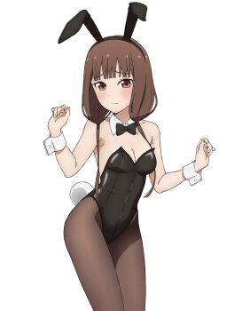 1girl absurdres alternate_costume animal_ear_hairband animal_ears bare_arms bare_shoulders black_bow black_bowtie black_hairband black_leotard blunt_bangs blush bow bowtie breasts brown_eyes brown_hair brown_pantyhose choppy_bangs cleavage closed_mouth commentary coro_fae cowboy_shot detached_collar dot_nose embarrassed fake_animal_ears fake_tail hairband hands_up highres iino_miko kaguya-sama_wa_kokurasetai_~tensai-tachi_no_renai_zunousen~ leotard long_hair looking_at_viewer low-tied_long_hair medium_breasts pantyhose playboy_bunny rabbit_ear_hairband rabbit_ears rabbit_tail raised_inner_eyebrows simple_background small_sweatdrop solo standing strapless strapless_leotard tail white_background white_wrist_cuffs wing_collar wrist_cuffs