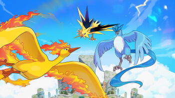 Rule 34 | above clouds, articuno, bird, black eyes, brown eyes, closed mouth, cloud, commentary request, flying, gen 1 pokemon, highres, legendary pokemon, moltres, nintendo, no humans, official art, open mouth, pokemon, pokemon (creature), pokemon focus, pokemon unite, talons, zapdos